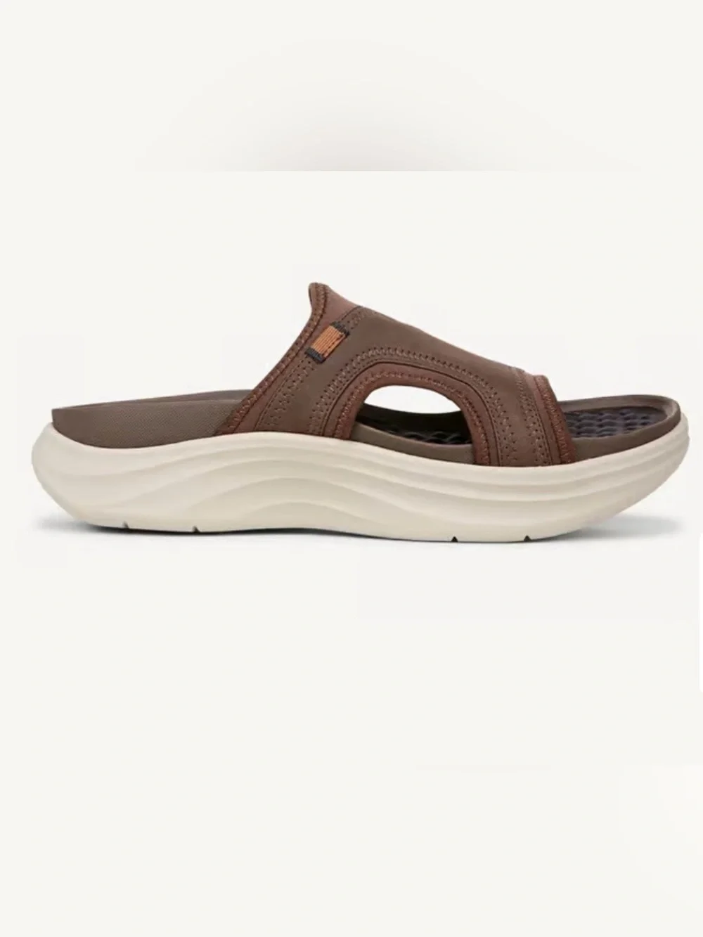 Brand New Mens…..Dr. Scholl's Brown Leather Slide Sandals with Cream Sole
